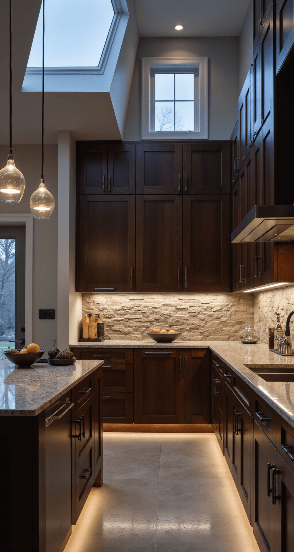 Modern kitchen featuring clear alder cabinets in rich espresso finish, dramatic stone backsplash, and minimal decor, captured in a low-angle shot with moody dusk lighting and clerestory windows.
