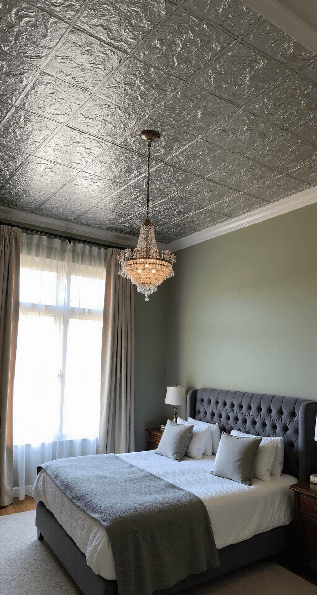 A spacious primary bedroom with an antiqued silver tin tile ceiling and an ornate crystal chandelier, bathed in soft morning light filtering through sheer linen drapes. The room features a tufted slate velvet headboard against a sage green wall, captured in a wide-angle view from a corner to highlight the ceiling's geometric patterns.