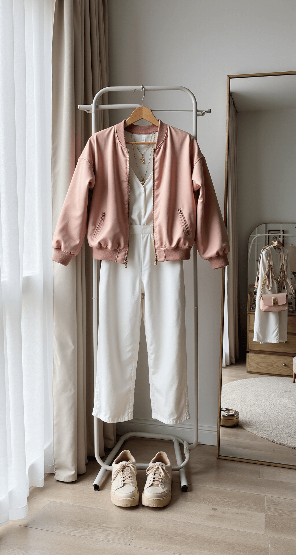 A modern minimalist bedroom featuring neutral tones and morning light filtering through sheer curtains. A pink satin bomber jacket drapes over a white jumpsuit on a sleek clothing rack, with cream and gold chunky platform sneakers arranged underneath. A vanity mirror reflects layered gold jewelry and a structured mini bag, captured from a 45-degree angle highlighting texture contrasts.