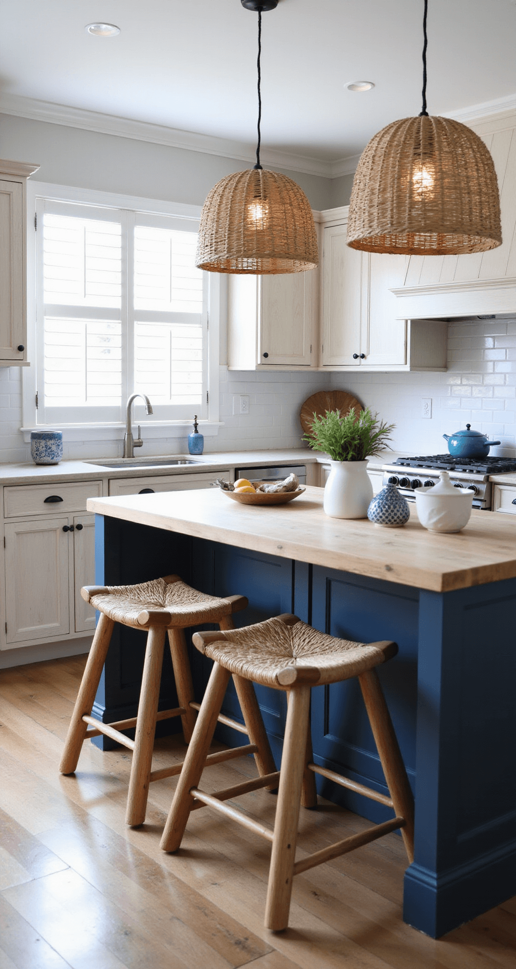 Bright kitchen featuring white-washed knotty alder cabinets, a navy blue island with a clear alder top, and natural light streaming through plantation shutters. The room is styled with woven pendant lights, rattan bar stools, and beach-themed decor including blue-and-white ceramics, glass floats, and driftwood, all captured in a high-angle corner shot.