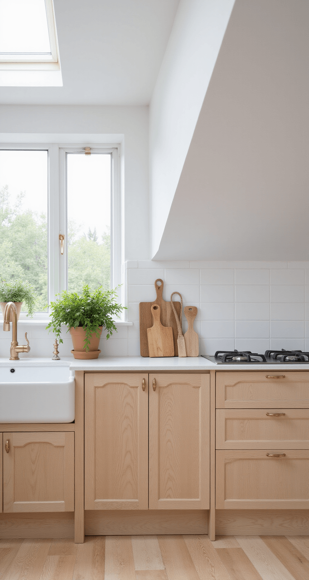 Compact Scandinavian-inspired kitchen featuring pitched ceiling and skylight, with blonde clear alder cabinets, white oak flooring, and white tile backsplash, styled with wooden utensils and potted herbs.