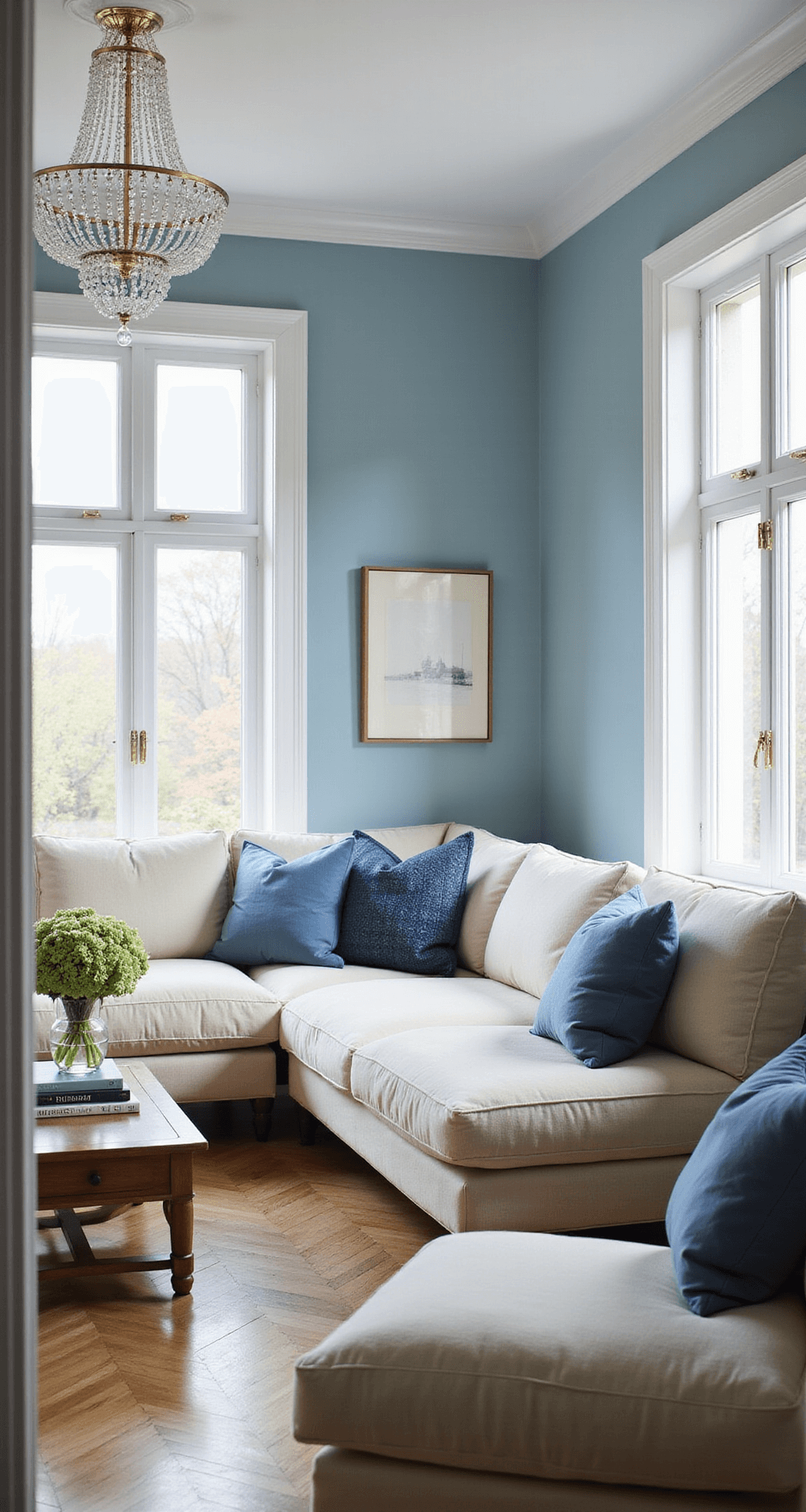 A spacious 20x24ft living room with floor-to-ceiling windows, featuring powder blue walls, a cream L-shaped sofa with blue pillows, and natural oak herringbone flooring. A crystal chandelier and white crown molding enhance the elegant decor, complemented by stacked coffee table books, fresh hydrangeas, and brass accents, all illuminated by morning light.