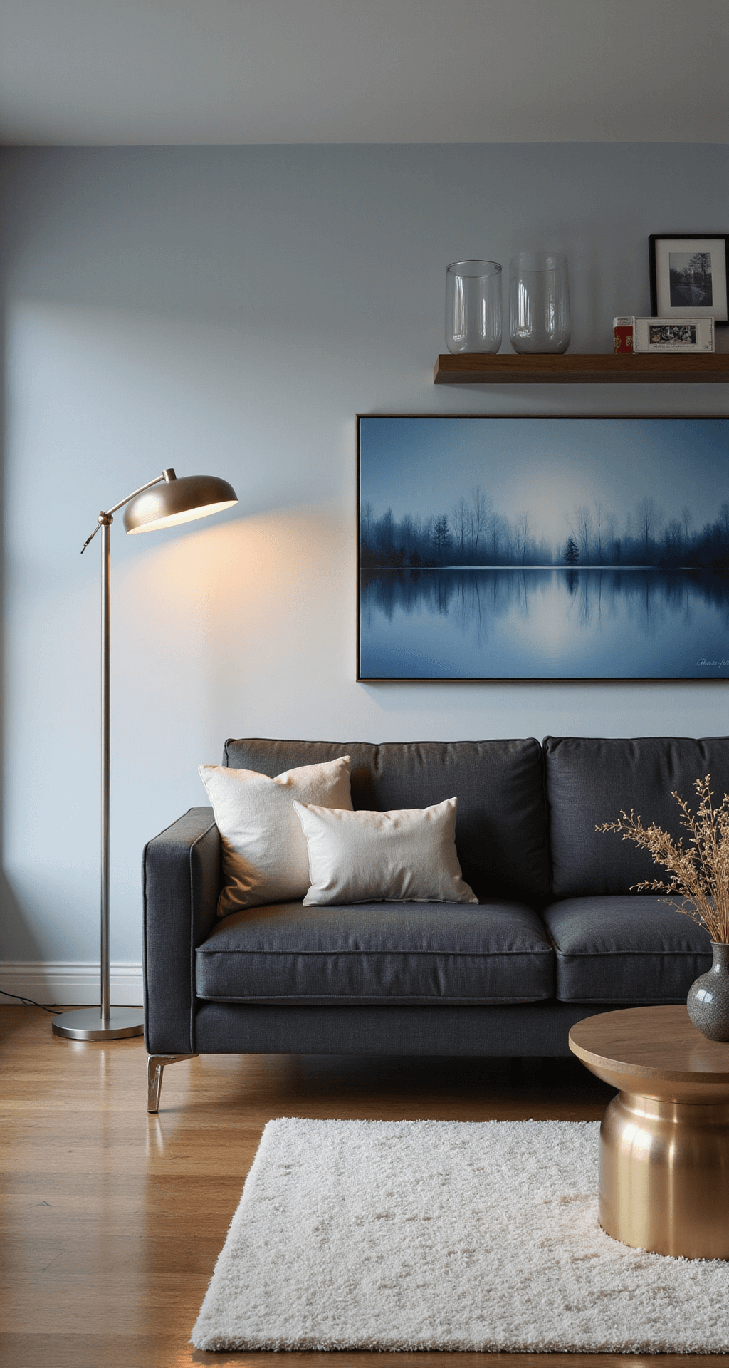 Contemporary living space with silvery-blue walls, a charcoal sectional on an ivory rug, warm lighting from a floor lamp, and minimalist blue-tinted abstract art, showcasing clean lines and geometric patterns.