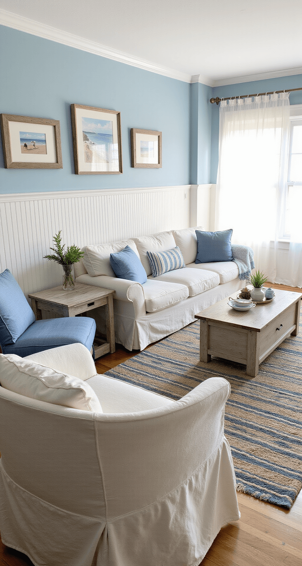 A bright coastal-inspired living area featuring pale blue walls and white beadboard wainscoting, with a natural white slipcovered sofa and denim blue accent chairs. A jute rug overlays a striped blue cotton rug, and a beach-themed gallery wall, rope details, and a weathered wood coffee table complete the space, all illuminated by natural light through sheer white curtains.