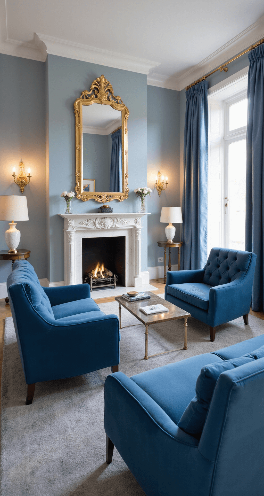 A classic elegant sitting room at dusk featuring a tufted blue velvet sofa and matching armchairs, with light blue-gray walls, crystal sconces, antique brass fixtures, and a white marble fireplace, styled with gilded mirrors and blue and white chinoiserie accents.