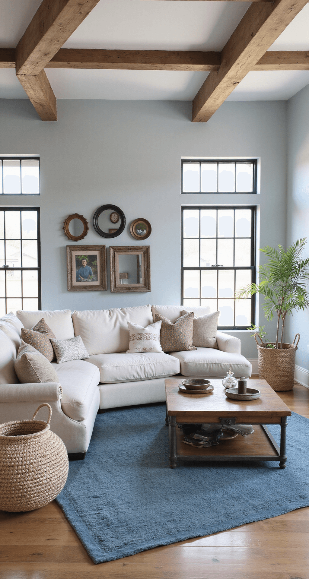 A spacious modern farmhouse great room featuring matte light blue walls and rustic wooden beams, with an oversized linen sectional, a vintage blue rug, and industrial metal accents, all illuminated by morning light. Black-framed windows highlight the ceiling height, complemented by woven baskets, antiqued mirrors, and mixed metal finishes.