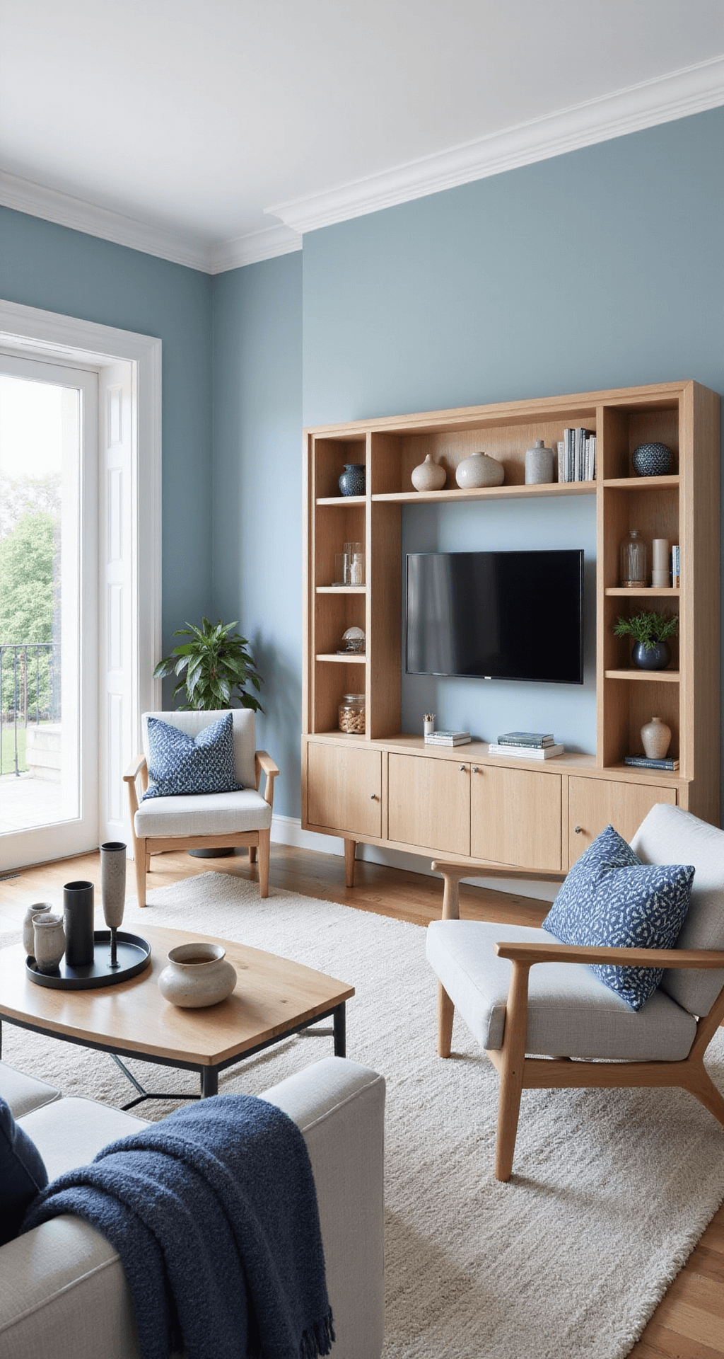 A Scandinavian-inspired living space featuring pale blue walls and white trim, with light wood furniture, minimalist armchairs, and geometric blue textile patterns. The high-angle view highlights the organized layout, accented by ceramic vessels, black metal elements, and textured throws.