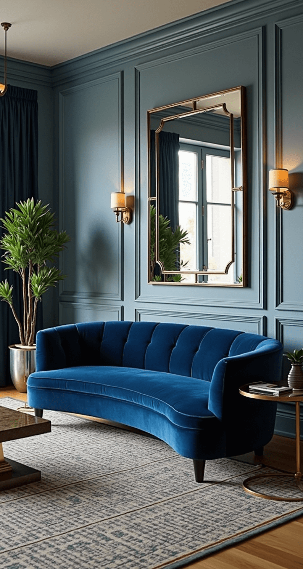 Art Deco living room featuring silvery-blue walls, a curved deep blue velvet sofa, brass side tables, and a geometric patterned rug, all illuminated by dramatic pendant lighting at twilight, showcasing symmetry and architectural details with mirrored surfaces and metallic accessories.