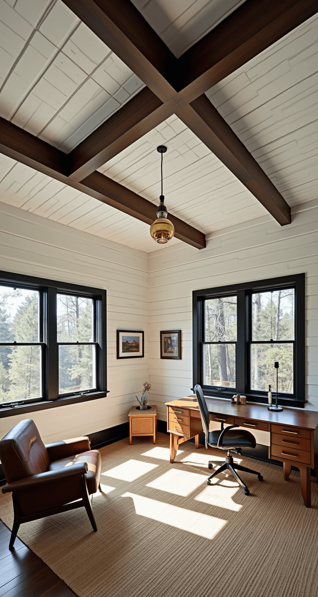 Cozy home office featuring exposed dark walnut beams and a white planked ceiling, with afternoon light casting strong shadows through black-framed windows, accented by mid-century modern leather and brass furniture, shot from desk height.
