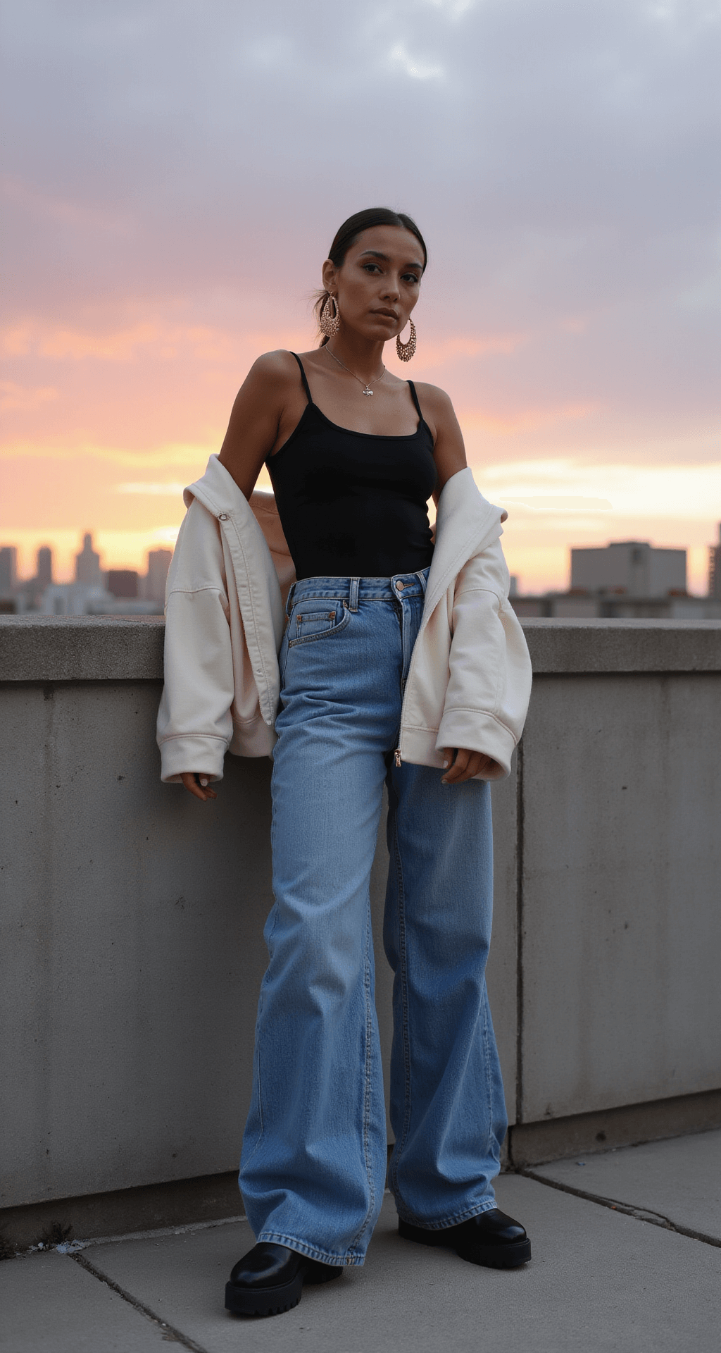Model in high-waisted wide-leg jeans and a fitted black bodysuit, draped in an oversized cream hoodie, leans against a concrete wall at sunset on an industrial-chic rooftop. She wears platform sneakers and geometric gold hoops, with a city skyline in the background, captured from a low angle to elongate her figure.