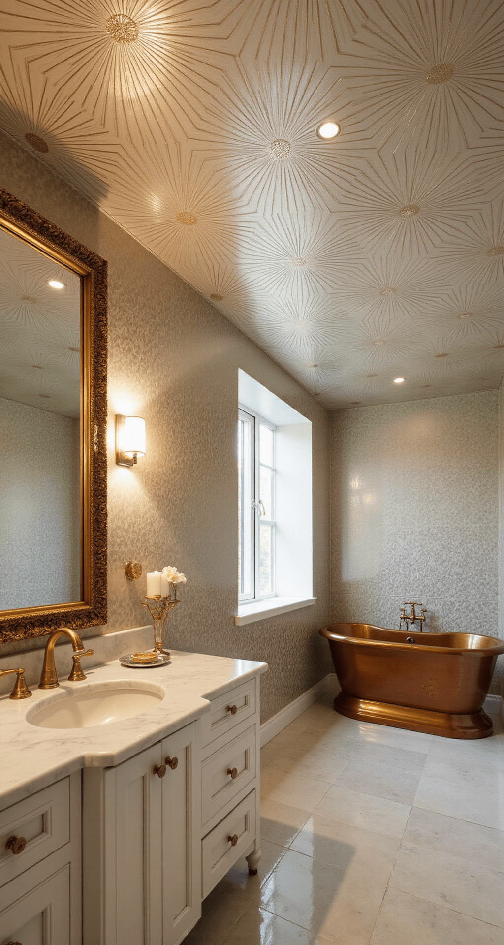 A luxurious 15x15ft bathroom with a metallic wallpapered ceiling in Art Deco fan pattern, featuring recessed lighting, a marble vanity, a freestanding copper tub, and an oversized gilt mirror, all captured at a 45-degree angle.