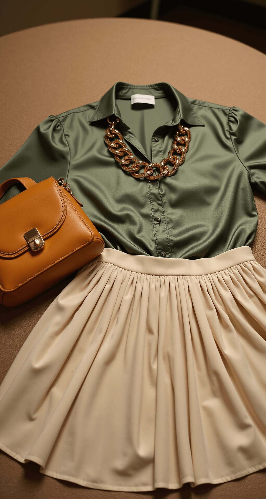 Close-up detail of a luxury boutique dressing room featuring a sage green satin button-up shirt and a cream pleated tennis skirt laid flat, accented by a chunky gold chain necklace and a buttery leather mini shoulder bag, captured from above with a focus on fabric textures.