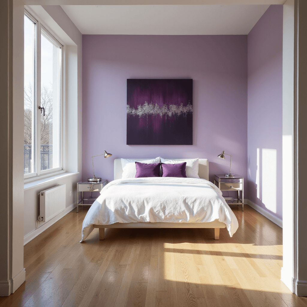 Modern minimalist bedroom in soft lavender with white trim, featuring a king-size platform bed, geometric purple pillows, and floor-to-ceiling windows casting warm light on light oak floors. An oversized abstract canvas hangs above the bed, and chrome nightstands complete the decor. Captured during golden hour for dramatic shadows and highlights.