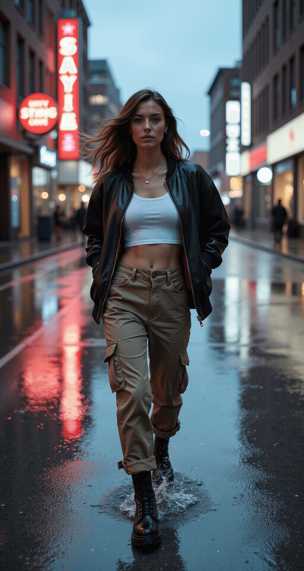A model in khaki cargo pants and a cropped white tank, wearing an oversized black leather bomber and statement combat boots, strides through rain-slicked city streets at dusk, creating splashes in puddles. The scene features vibrant neon reflections and captures the motion with a street-level perspective.
