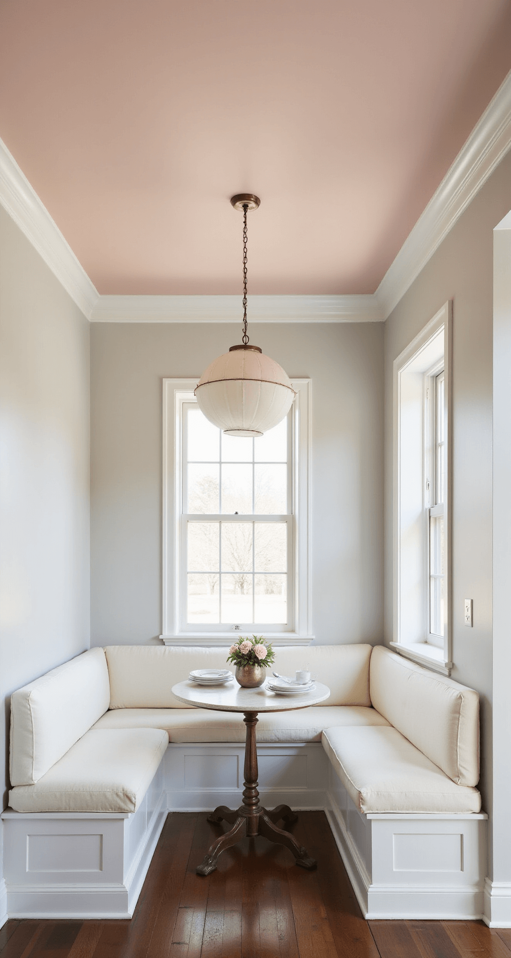 A cozy breakfast nook featuring an ombre ceiling transitioning from cream to pale blush pink, illuminated by morning sunlight. A white linen built-in banquette faces a brass bistro table, creating a warm and inviting atmosphere.