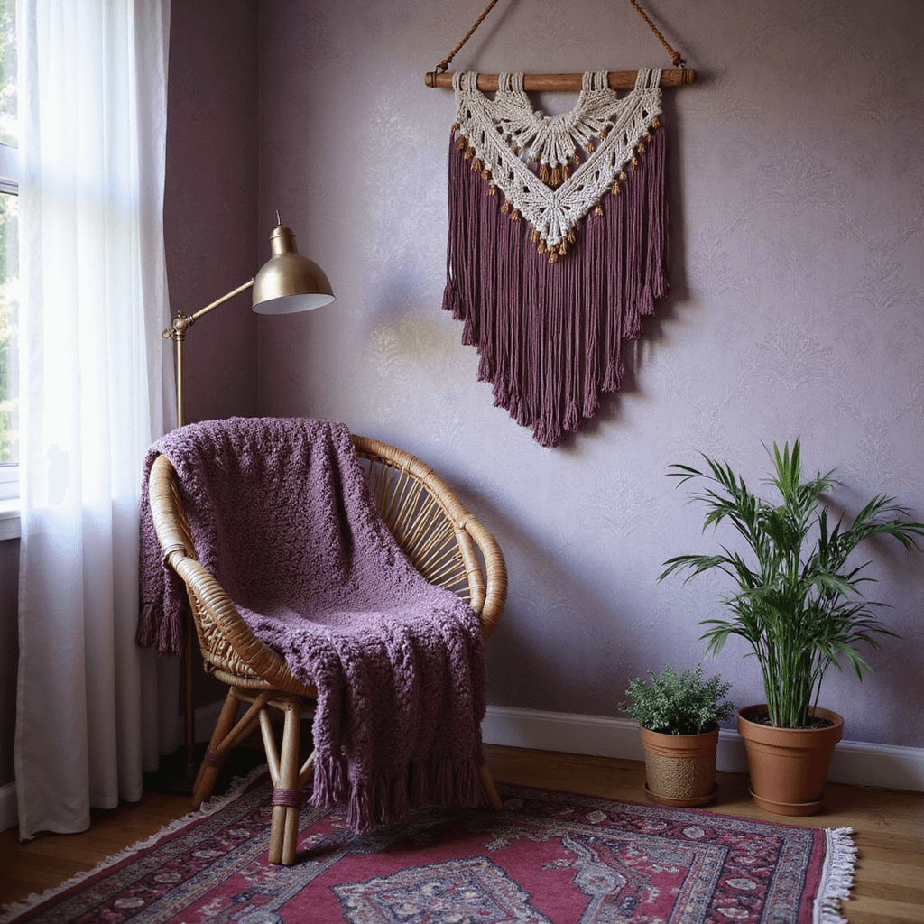 Intimate boho bedroom corner featuring a vintage rattan chair draped in a chunky knit throw, set against textured lilac damask wallpaper. Macramé wall hanging with copper and purple threads catches morning light, while layered vintage rugs and a brass floor lamp add warmth. A potted monstera enhances the organic feel. Shot from a low angle at dawn with a dreamy bokeh effect.