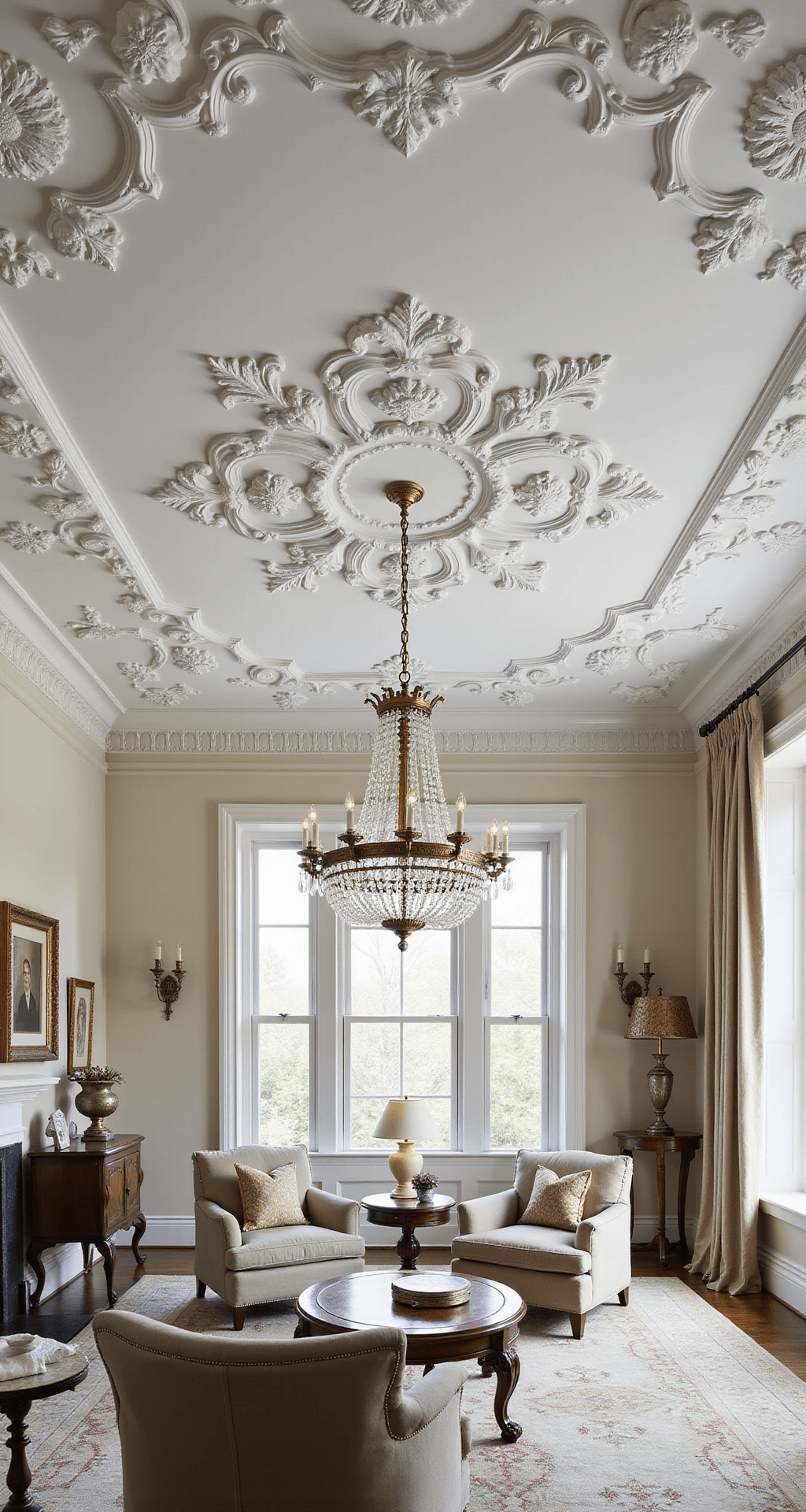 An elegant formal living room with a bone white ceiling adorned with applied architectural medallions and delicate plasterwork, featuring a central crystal chandelier, traditional furniture in muted silk upholstery, and antique gilt accents, captured from a 28mm angle to highlight the ceiling details and room context.