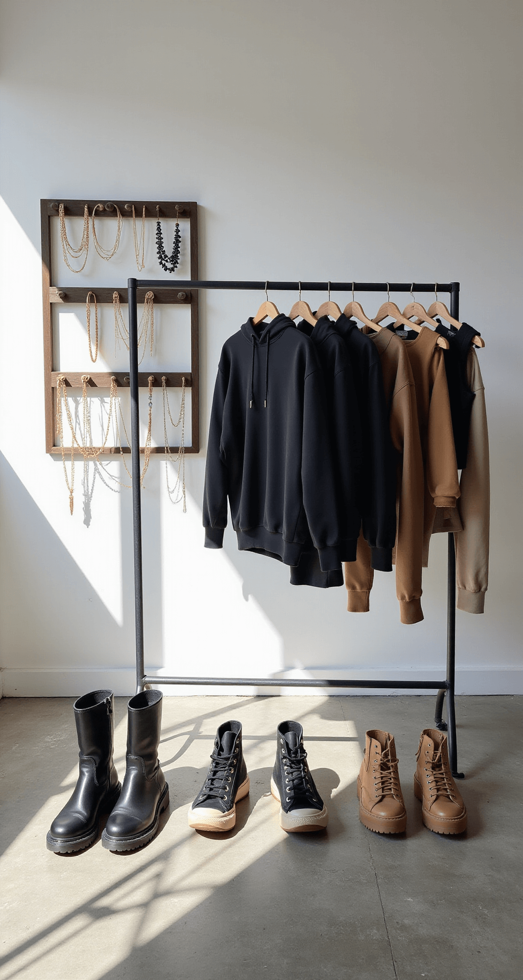 A modern loft with concrete floors and white walls showcases a stylish outfit display, featuring a clothing rack with oversized hoodies, bodysuits, and leather pieces, alongside a jewelry display with large gold hoops and layered necklaces, complemented by chunky boots and platform sneakers below, all illuminated by natural light.