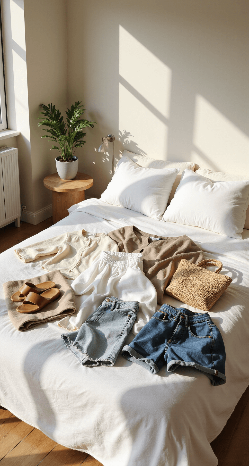 A sun-drenched minimalist bedroom with golden morning light streaming through large windows, featuring a fashion influencer organizing a summer capsule wardrobe on a white linen bed, including white cotton tanks, beige linen shirts, high-waisted denim shorts, natural woven bags, and leather sandals, all against soft pastel walls.