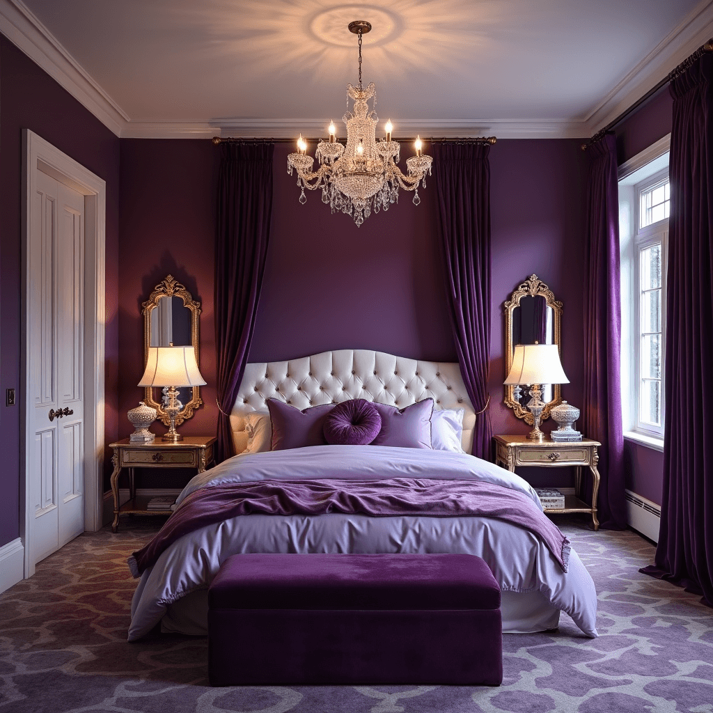 Romantic master bedroom featuring a royal purple accent wall behind a tufted cream headboard, with a crystal chandelier and mercury glass lamps providing soft lighting. Floor-length aubergine velvet drapes frame the French doors, while luxurious bedding in various shades of purple is layered on the bed. Antique gold mirrors flank the headboard, all captured in a wide-angle shot for a grand ambiance.