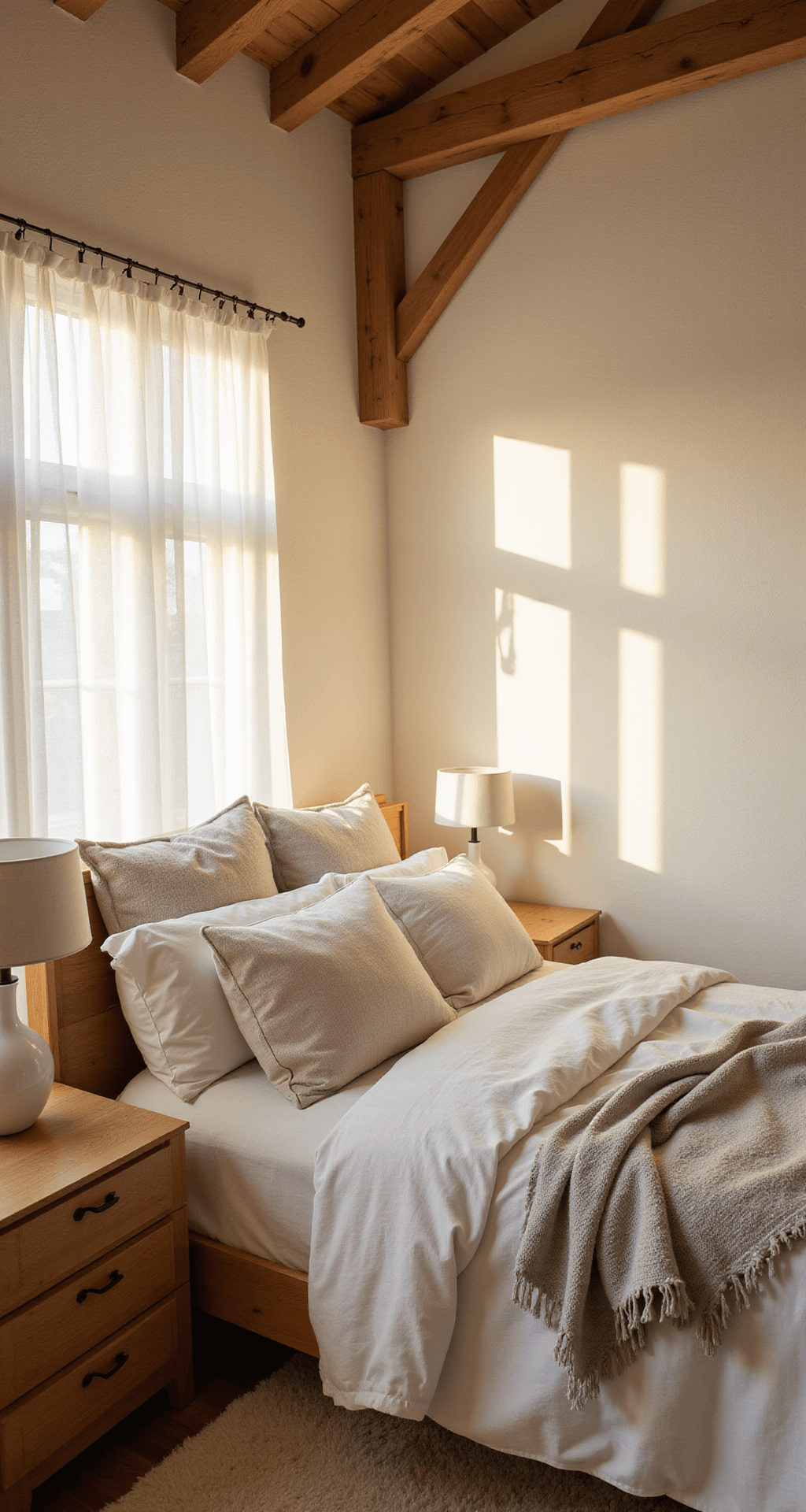 A serene bedroom at golden hour featuring a king-sized bed with layered white and gray bedding, minimalist oak nightstands with ceramic lamps, and a plush ivory rug, all under a vaulted ceiling with exposed wooden beams.