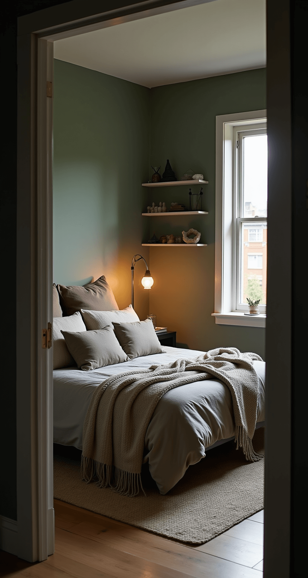 An intimate bedroom at dusk with sage green and warm gray decor, featuring a queen bed with earthen-toned linen bedding and textured pillows, illuminated by a vintage brass floor lamp. Floating shelves hold crystals and air plants.