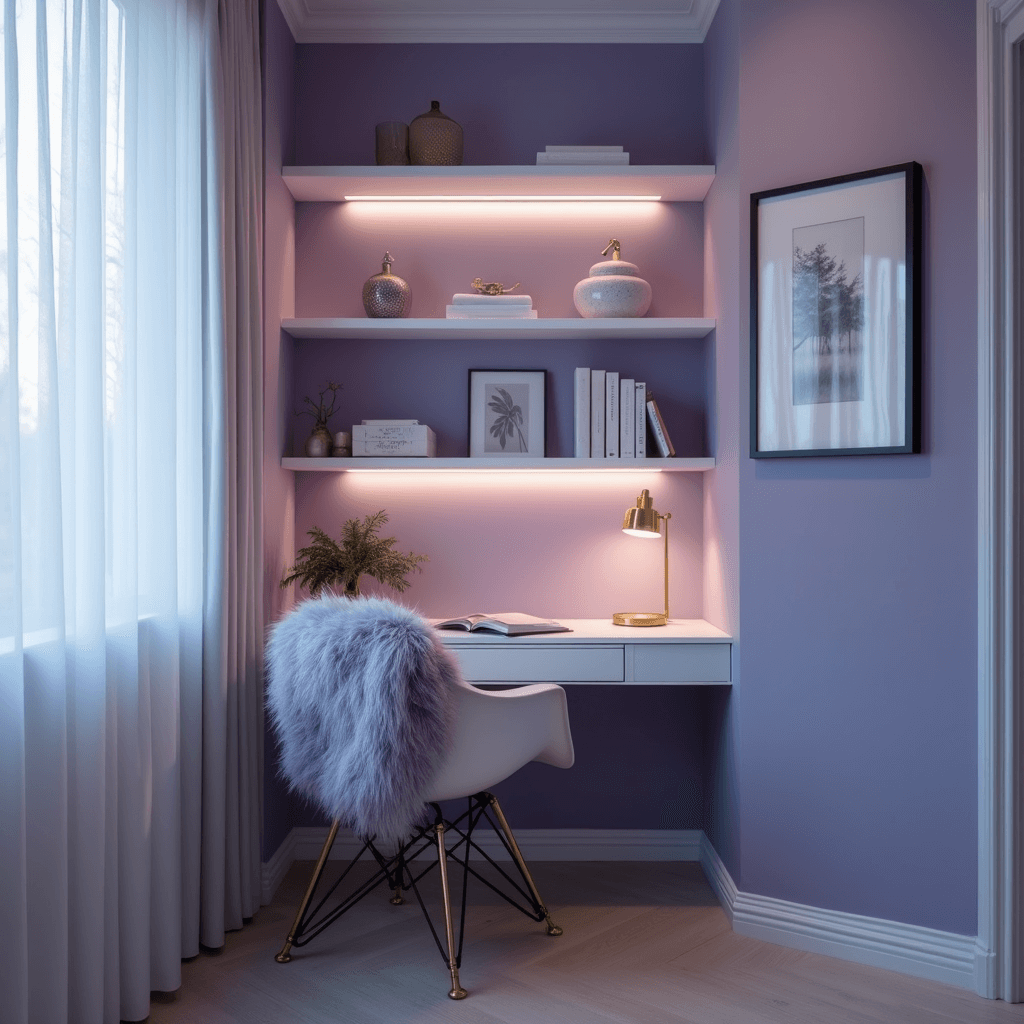 Contemporary purple bedroom workspace at blue hour with a white lacquered desk, ghost chair with faux fur throw, floating shelves of brass and ceramics, and cool ambient LED lighting, all framed by sheer white curtains.
