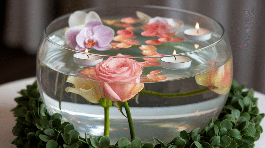 A photo of a water-based centerpiece with floating candles and flowers. There are roses, orchids, and lilies in various stages of blooming, their petals gently floating on the crystal-clear water. The water is placed in a glass vase, which is surrounded by a bed of green leaves. Floating on the water's surface are white candles.