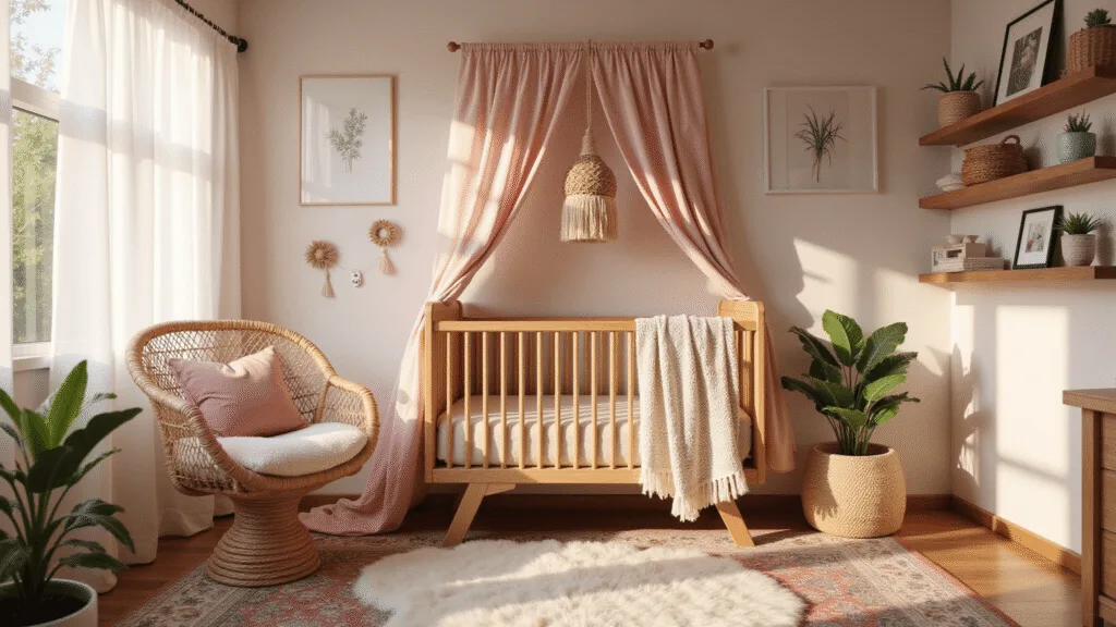 Creating the Perfect Pink Boho Nursery: A Comprehensive Design Guide Photorealistic bohemian nursery with natural wood crib, blush macramé canopy, vintage Persian rug, rattan hanging chair, and botanical prints, all bathed in warm golden hour sunlight.