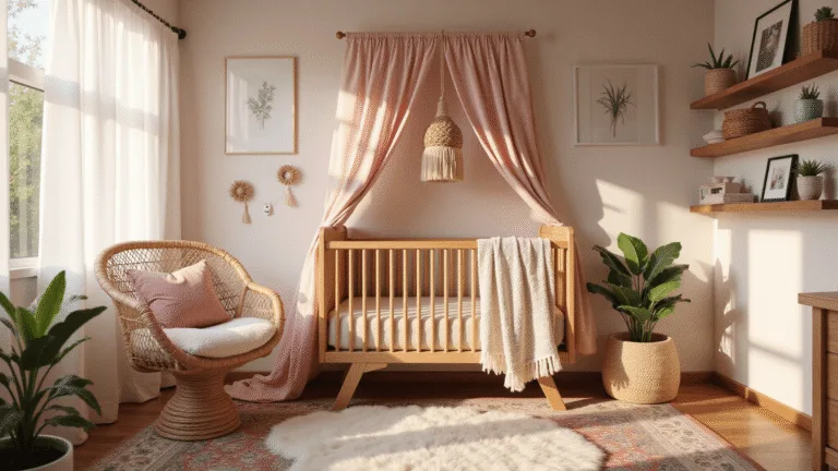 Photorealistic bohemian nursery with natural wood crib, blush macramé canopy, vintage Persian rug, rattan hanging chair, and botanical prints, all bathed in warm golden hour sunlight.