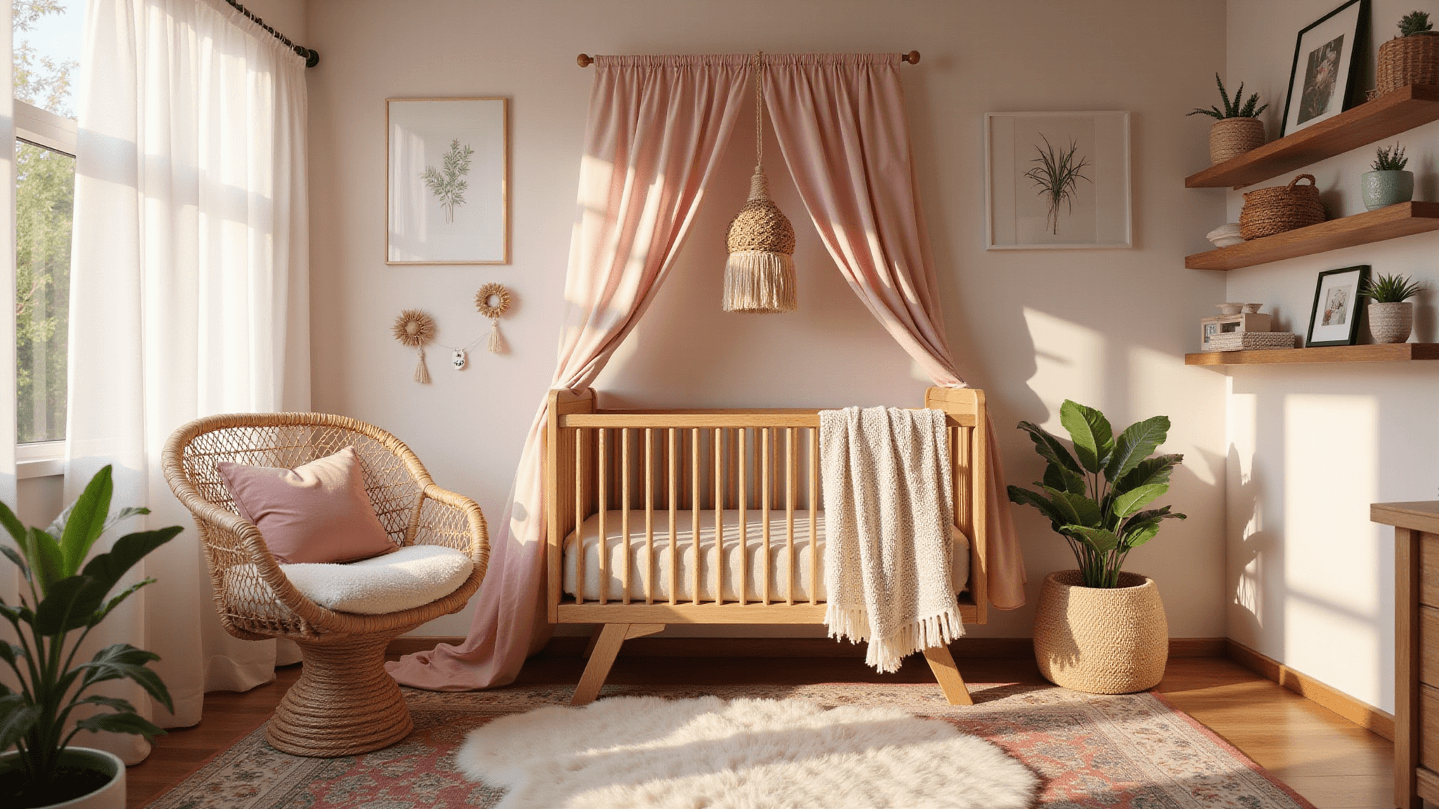 Cinematic view of a luxurious bedroom featuring a king-sized platform bed with layered ochre linen and ivory cable-knit bedding, surrounded by warm terracotta walls, sheer ivory curtains, and a vintage Persian rug, all illuminated by golden hour light.