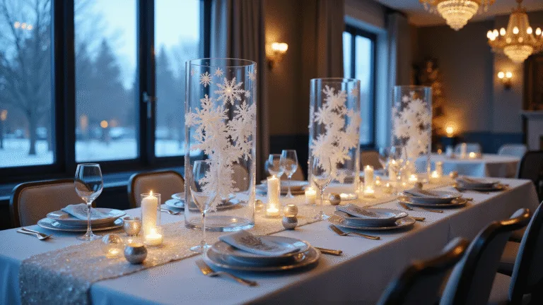 A formal dining room at dusk with a 10ft rectangular table featuring cascading snowflake centerpieces, elegant ice blue and silver place settings, crystal stemware, and layered textures, illuminated by warm candlelight and soft natural light, with a dramatic backdrop of floor-to-ceiling windows and a crystal chandelier.