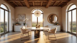 Designing Your Dream Italian Dining Room: A Guide to Timeless Elegance Photorealistic Italian dining room with a round Calacatta marble table, cream leather chairs, and a Murano glass chandelier, framed by arched windows overlooking the Tuscan countryside, featuring herringbone oak flooring and a coffered ceiling.