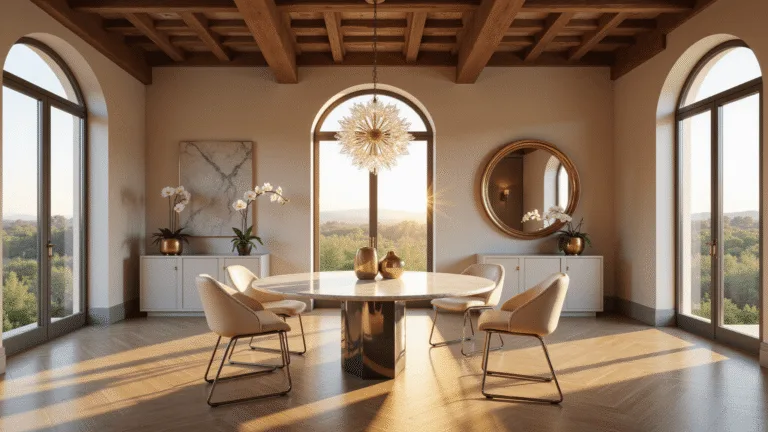 Photorealistic Italian dining room with a round Calacatta marble table, cream leather chairs, and a Murano glass chandelier, framed by arched windows overlooking the Tuscan countryside, featuring herringbone oak flooring and a coffered ceiling.