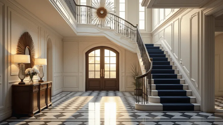 Photorealistic interior of a grand foyer with a curved staircase and black and white marble flooring, illuminated by golden hour light through Palladian windows, featuring elegant decor and detailed millwork.