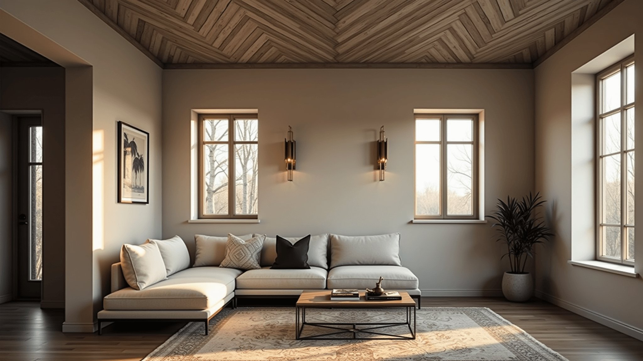 Cinematic wide-angle shot of a luxury living room with a weathered gray cypress herringbone ceiling, cream linen sectional sofa, and vintage Persian rug, illuminated by golden hour light through floor-to-ceiling windows.