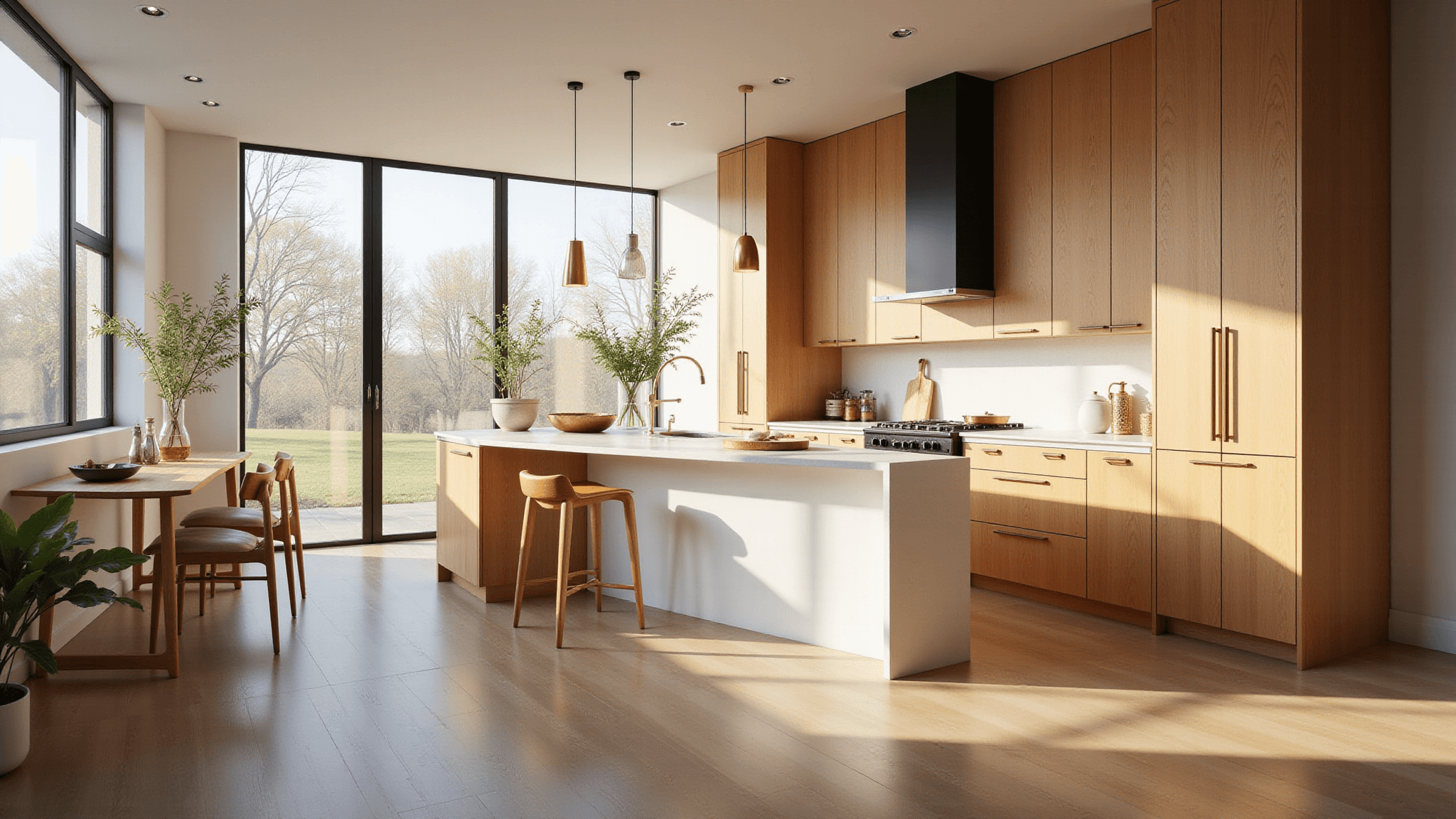 Photorealistic image of a luxurious modern kitchen with floor-to-ceiling clear alder cabinets, a white quartz waterfall island, and soft morning light, showcasing copper cookware and fresh herbs.