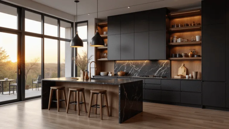Luxury L-shaped kitchen at golden hour featuring matte black cabinets, walnut wood accents, and a dramatic waterfall island with black granite top, illuminated by floor-to-ceiling windows and accented by brass hardware and pendant lights.
