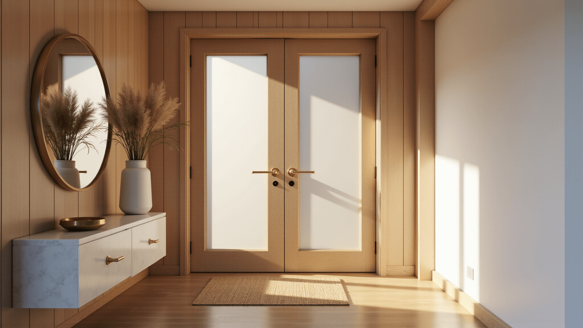 Photorealistic image of a modern entryway featuring vertical white oak panels, a frosted glass door, and a floating Carrara marble console adorned with pampas grass. The space is illuminated by warm sunlight, highlighting brass coat hooks and a round mirror, with shadows playing across the textures.
