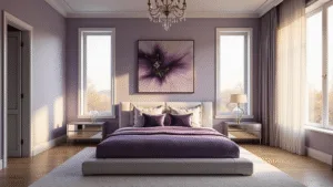 Purple Bedroom Refresh: Your Ultimate Style Guide A luxurious modern bedroom featuring a king-size bed with purple velvet bedding, lavender walls, floor-to-ceiling windows, and dramatic sunset lighting, complemented by geometric pillows, chrome nightstands, and a crystal chandelier.