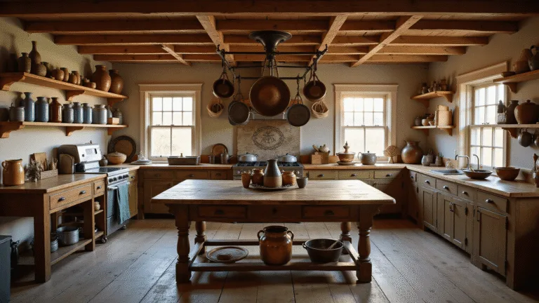 Photorealistic interior of a rustic farmhouse kitchen at golden hour, featuring a dark walnut harvest table with pottery and mason jars, open shelving with antique items, and warm natural lighting highlighting aged textures and a rich color palette.