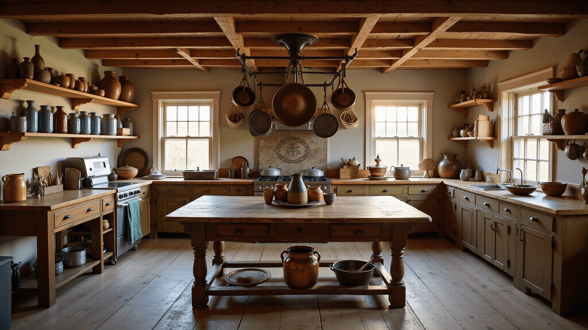 Photorealistic interior of a rustic farmhouse kitchen at golden hour, featuring a dark walnut harvest table with pottery and mason jars, open shelving with antique items, and warm natural lighting highlighting aged textures and a rich color palette.