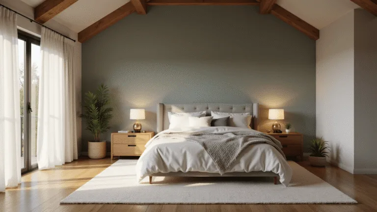 A tranquil bedroom interior at golden hour, featuring a king-sized bed with layered linens, natural light streaming through sheer curtains, minimalist oak nightstands, and a vaulted ceiling with exposed beams, all set against muted sage green walls.
