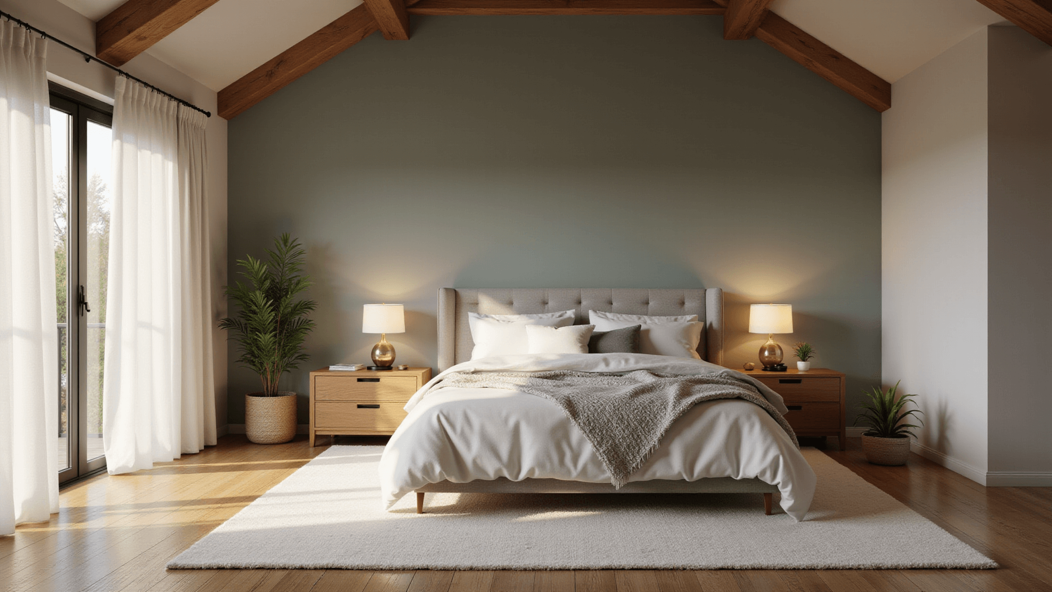 A tranquil bedroom interior at golden hour, featuring a king-sized bed with layered linens, natural light streaming through sheer curtains, minimalist oak nightstands, and a vaulted ceiling with exposed beams, all set against muted sage green walls.
