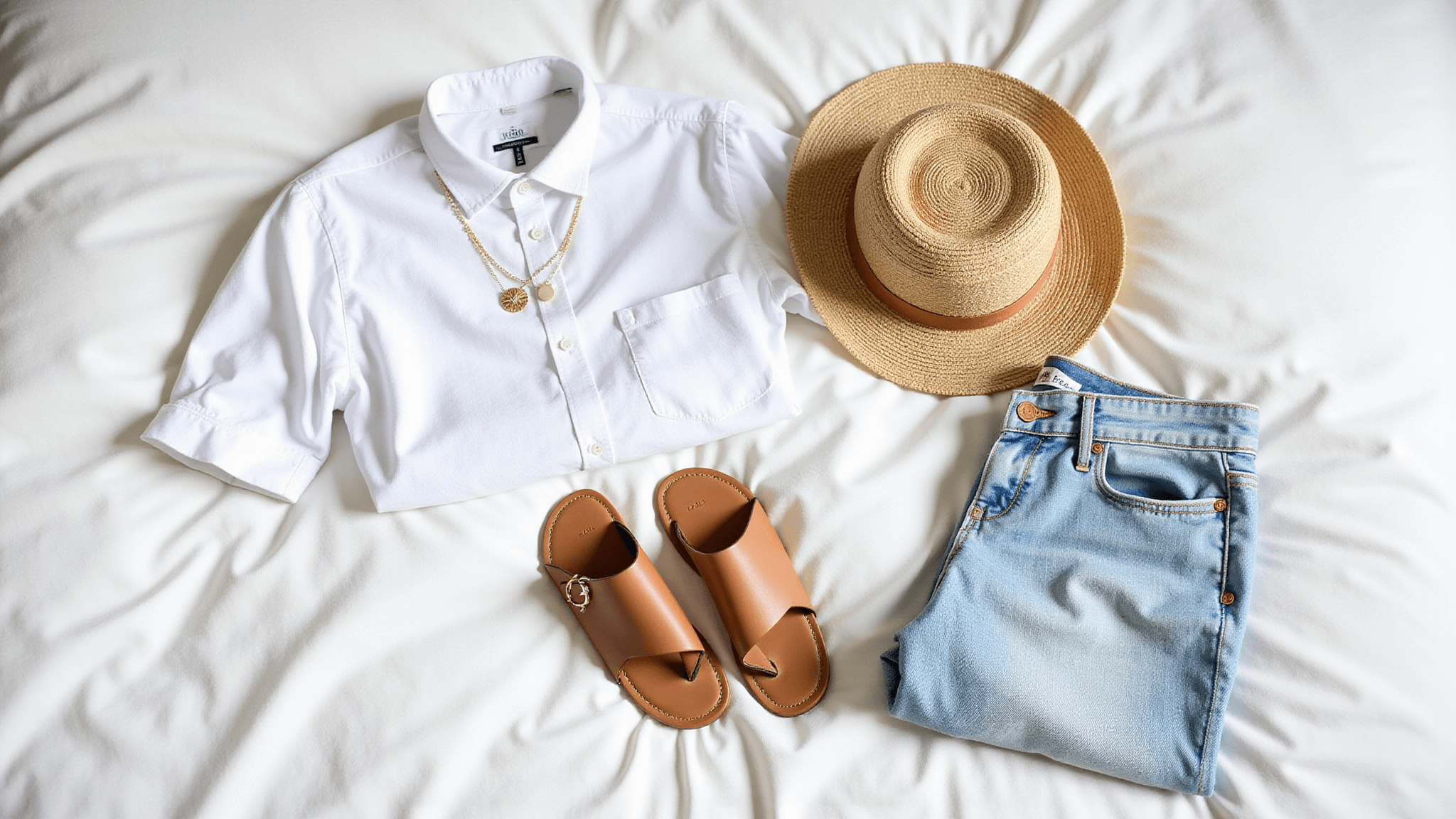 Sunlit flatlay of summer fashion essentials including a white linen shirt, denim shorts, straw hat, sandals, and gold jewelry, arranged on white bedding with soft morning light.