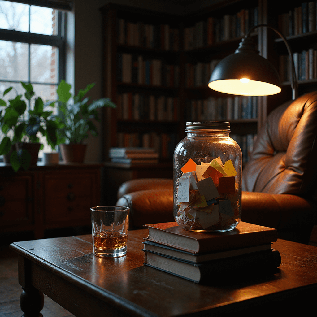 A low-angle view of a dimly lit den featuring a floor-to-ceiling bookshelf in warm mahogany tones. In the foreground, a colorful 'Dad's Adventure' memory jar shines under soft lamplight, surrounded by stacked books and a half-empty whiskey glass, with deep green potted plants adding contrast.