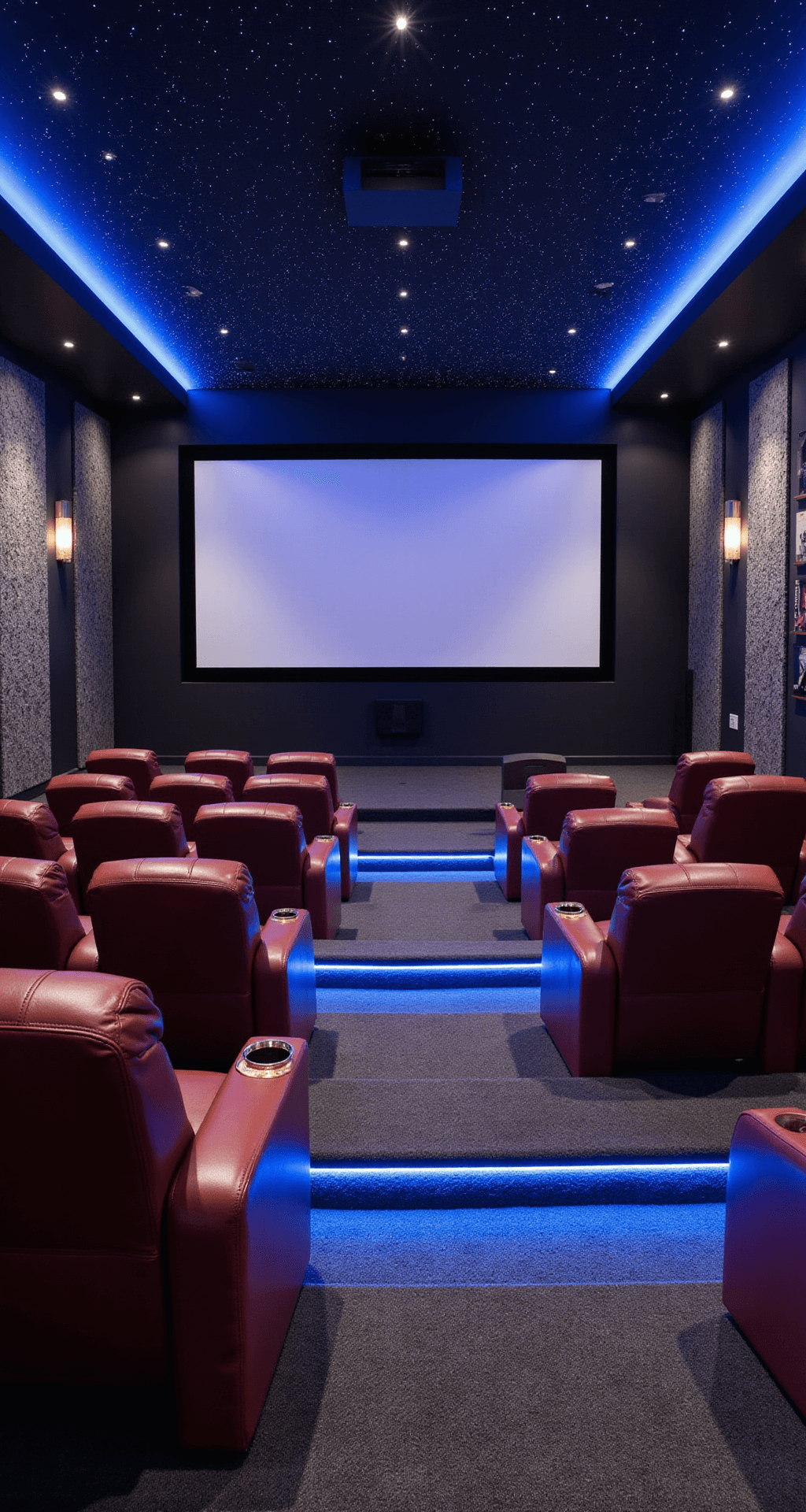 A luxurious home theater featuring a 25'x35' room with tiered plush burgundy leather recliners, a massive 150