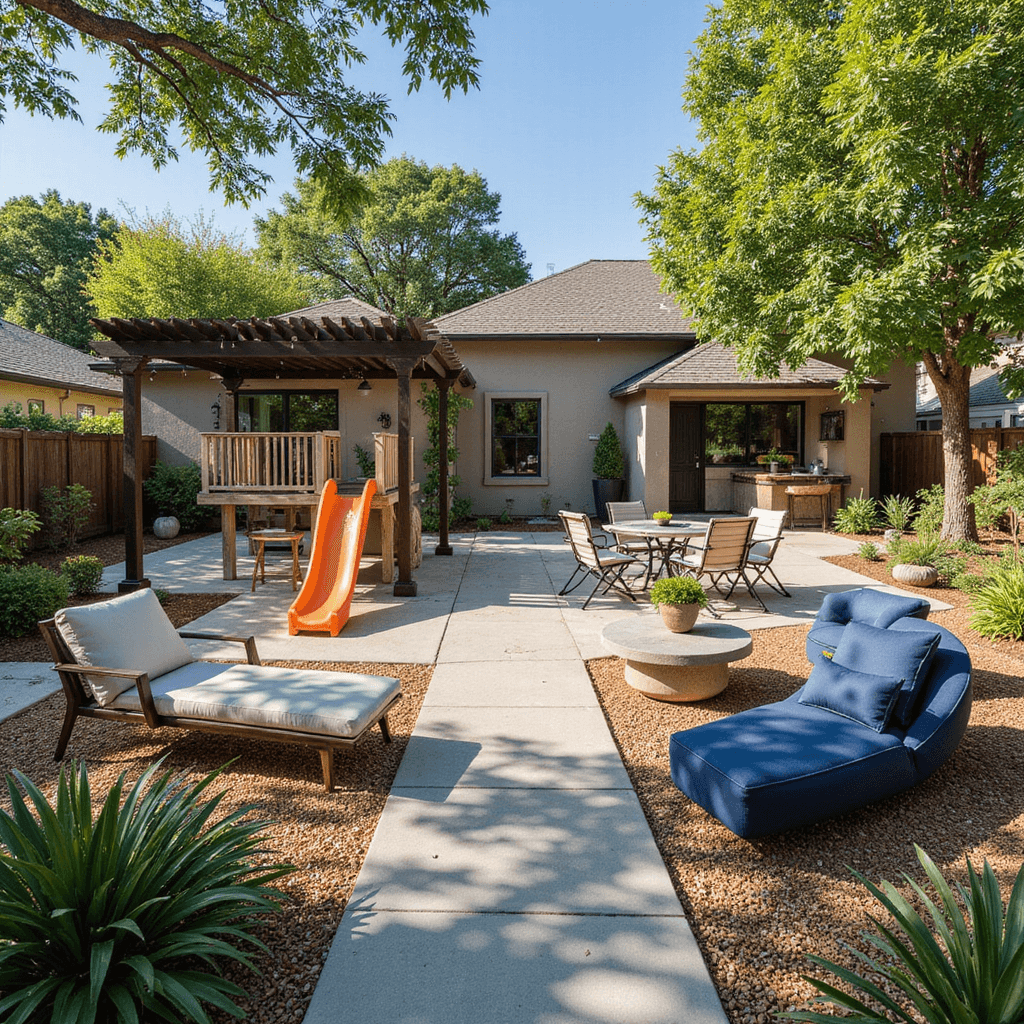 Aerial view of a spacious 40'x50' suburban yard in bright midday sun, featuring a modern play structure in rubber mulch, a lounge area with a pergola, an outdoor kitchen with a pizza oven, and modular navy and cream furniture. String lights overhead and Mediterranean-inspired plantings enhance the inviting atmosphere.