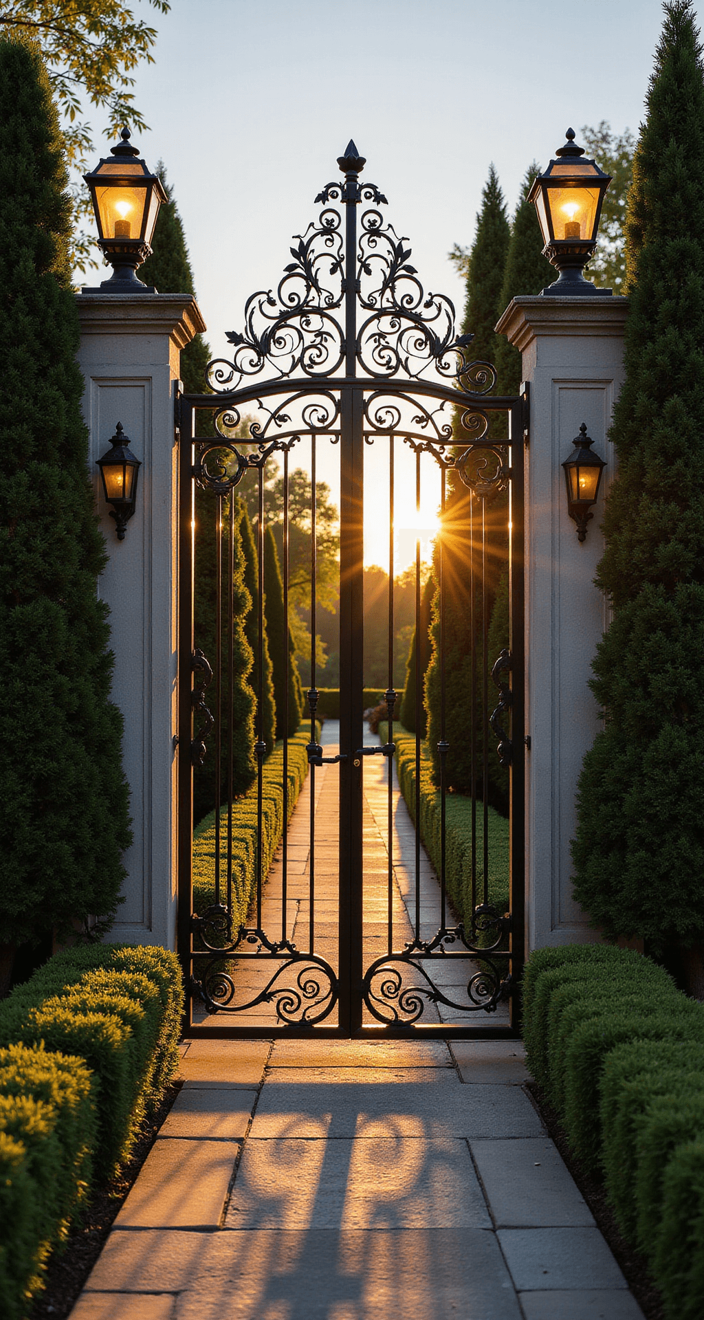Ornate 8-foot wrought iron gate with Victorian scrollwork casting shadows on a stone pathway, flanked by 6-foot manicured boxwood hedges and illuminated by copper lanterns on limestone pillars, captured during golden hour.