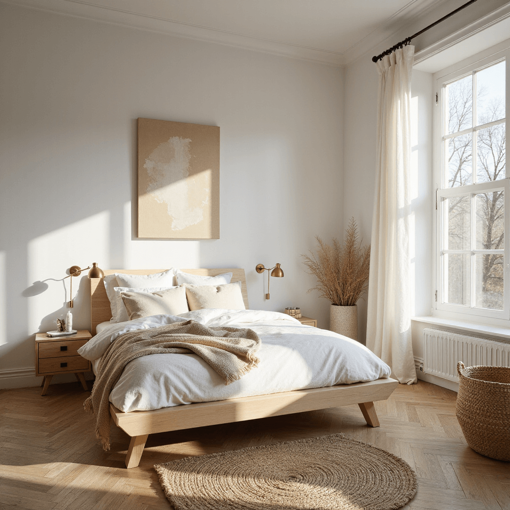 A cozy Scandinavian bedroom with a low-profile platform bed and cloud-white linen bedding, featuring large west-facing windows draped with sheer white curtains, light oak herringbone floors, and minimal brass sconces, all illuminated by golden hour sunlight.